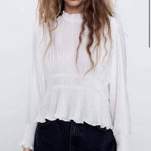 Zara high neck white pleated blouse